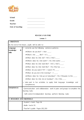 Kế hoạch bài dạy Tiếng Anh 4 - Review 3: Period 1-3