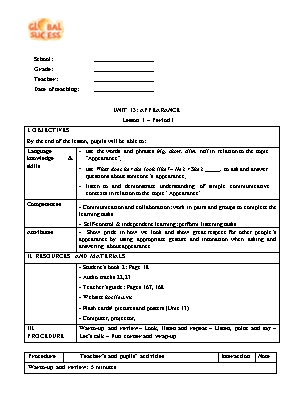 Kế hoạch bài dạy Tiếng Anh 4 - Unit 13: Appearance