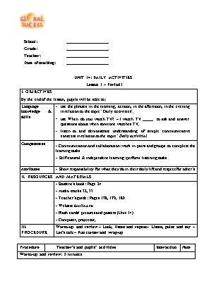 Kế hoạch bài dạy Tiếng Anh 4 - Unit 14: Daily activities