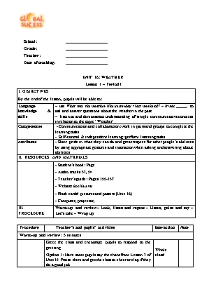 Kế hoạch bài dạy Tiếng Anh 4 - Unit 16: Weather
