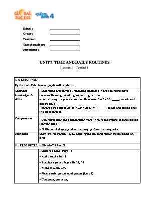 Kế hoạch bài dạy Tiếng Anh 4 - Unit 2: Time and daily routines