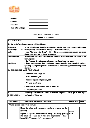 Kế hoạch bài dạy Tiếng Anh 4 - Unit 20: At summer camp