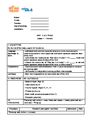 Kế hoạch bài dạy Tiếng Anh 4 - Unit 3: My week