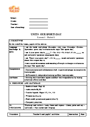 Kế hoạch bài dạy Tiếng Anh 4 - Unit 9: Our Sports Day