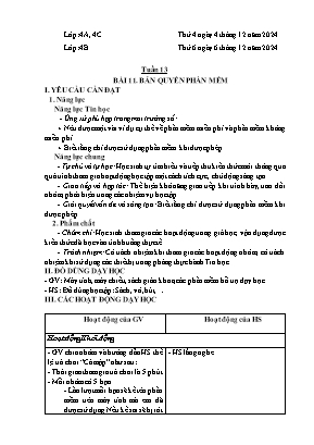 Kế hoạch bài dạy Tin Học 4 - Tuần 13, Bài 11: Bản quyền phần mềm - NH 2024-2025 (Ngô Thị Kiều Hằng)
