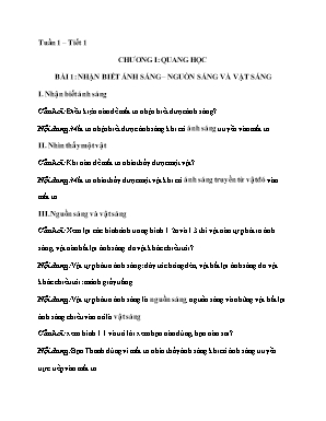 Kế hoạch bài dạy Vật Lí 7 - Tuần 1+2: Nhận biết ánh sáng - Nguồn sáng và vật sáng. Sự truyền ánh sáng - Ứng dụng định luật truyền thẳng của ánh sáng