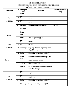 Kế hoạch dạy học khối 1 - Tuần 10 năm học 2023-2024 Kế hoạch dạy học khối 1 - Tuần 10 năm học 2023-2024