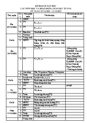 Kế hoạch dạy học khối 1 - Tuần 6 năm học 2023-2024 Kế hoạch dạy học khối 1 - Tuần 6 năm học 2023-2024