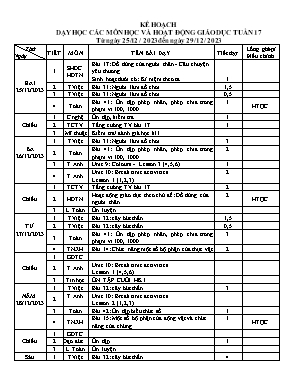 Kế hoạch dạy học khối Lớp 3 - Tuần 17 năm học 2023-2024