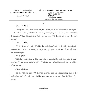Kỳ thi chọn HSG vòng huyện Môn Lịch Sử 9 NH 2021-2022 Phòng GD&ĐT Huyện Hòa Bình (Kèm hướng dẫn chấm)