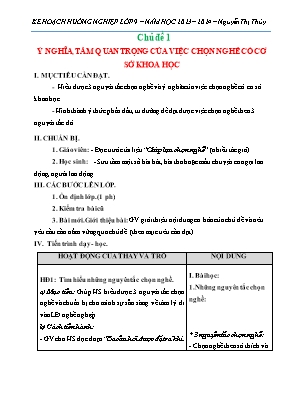 Giáo án Hoạt động hướng nghiệp 9 - Chủ đề 1: Ý nghĩa, tầm quan trọng của việc chọn nghề có cơ sở khoa học - Năm học 2023-2024 - Nguyễn Thị Thủy
