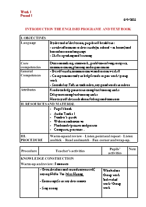 Giáo án Tiếng Anh 3 - Tuần 1 - Năm học 2023-2024 - Lê Khánh Ly