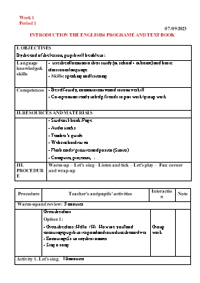 Giáo án Tiếng Anh 4 - Tuần 1 - Năm học 2023-2024 - Lê Khánh Ly
